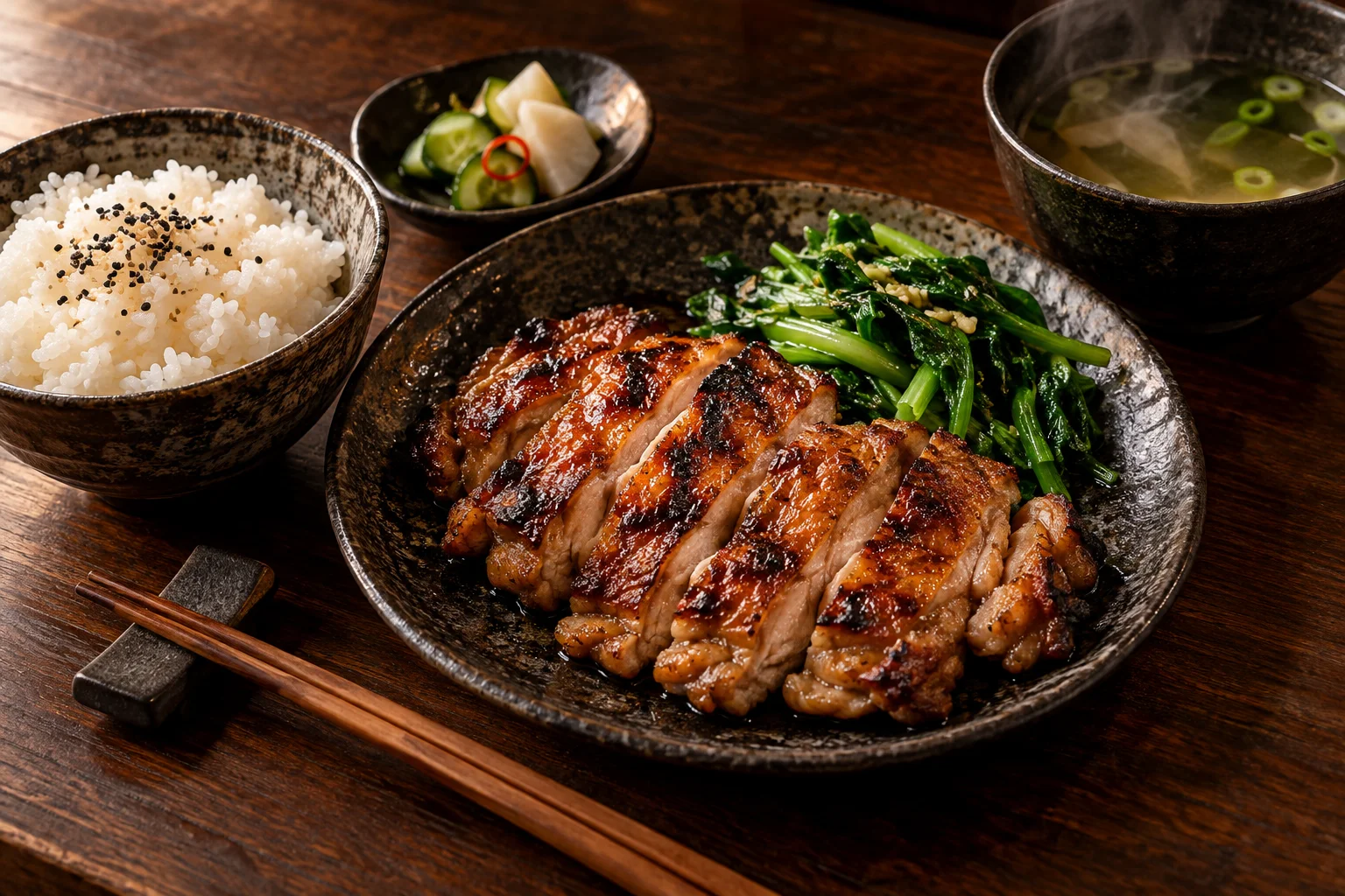 原創料理視覺:炭烤雞腿、白飯、時蔬與熱湯
