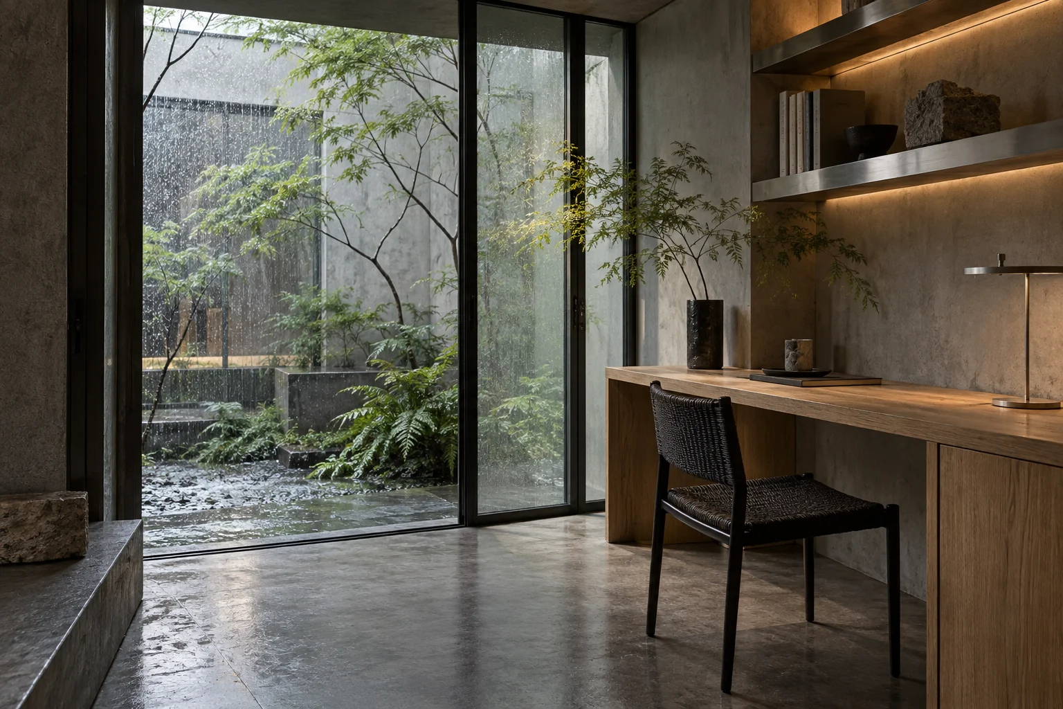 雨庭書房概念:木桌與庭院窗景