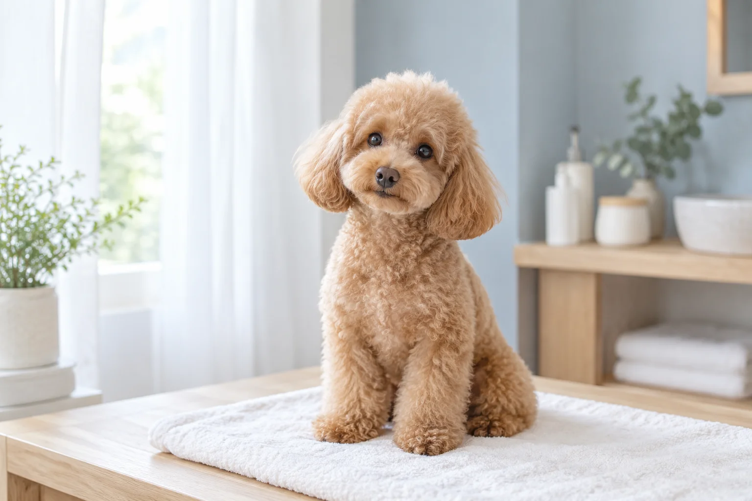 原創照護視覺:自在坐在白毛巾上的小型貴賓犬